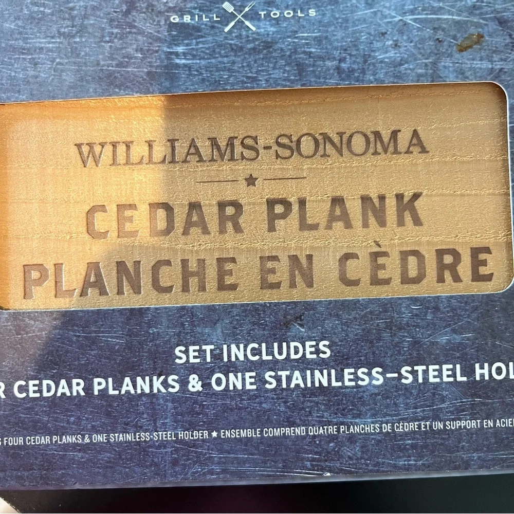Williams-Sonoma 4 Cedar Plank Grill tools with Stainless Steel holder